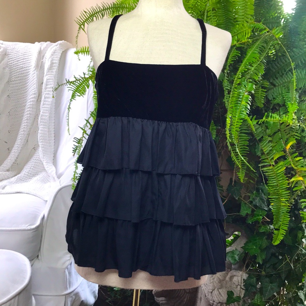 Erin Fetherston Black Velvet Ruffle Cami Tank Top Shirt